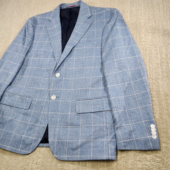 Tommy Hilfiger Blazer Men 42 Short Blue Windowpane Plaid Lightweight Modern NEW